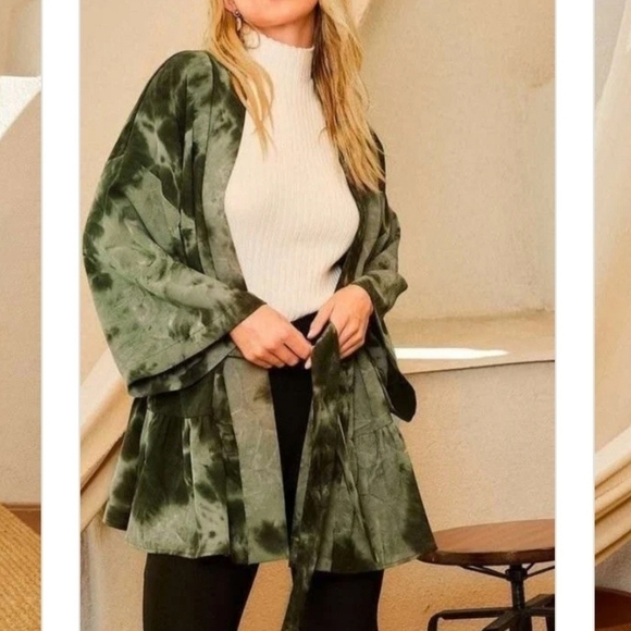 Olive Green Drop Shoulder Tie Dye Boho Open Kimono Lightweight Jacket Robe - Picture 7 of 11